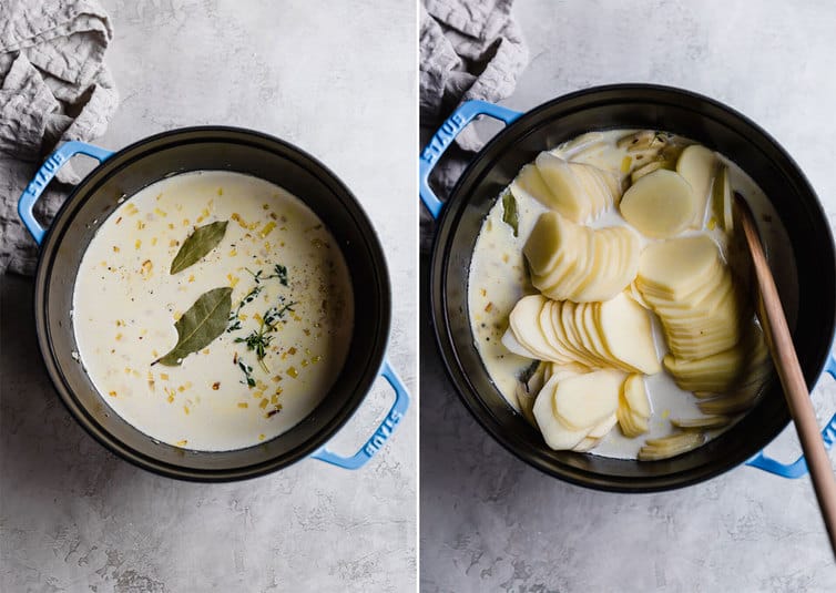 Dutch oven filled with liquid and herbs + Dutch oven containing sliced potatoes and sauce