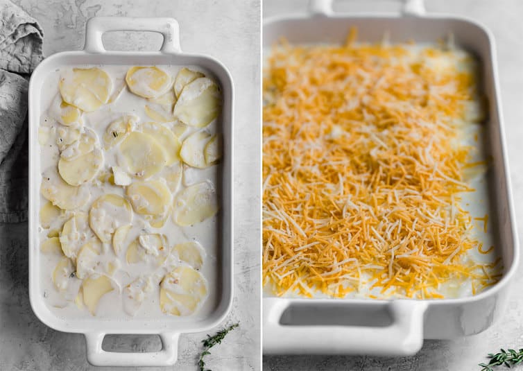 Uncooked scalloped potato ingredients in a baking dish + Baking dish with scalloped potato ingredients covered in shredded cheese