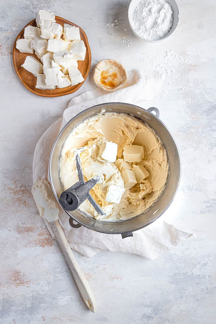Cream cheese frosting in a mixing bowl.