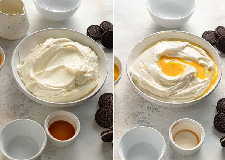 Mixing the batter for Oreo cheesecake.