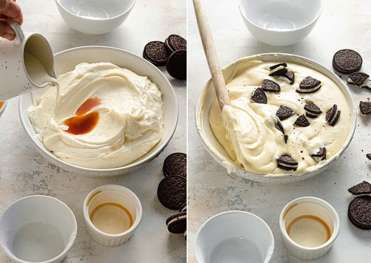 Mixing Oreo cheesecake batter and folding in chopped Oreos.