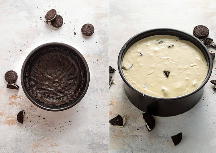 Oreo crust filled with cheesecake filling.