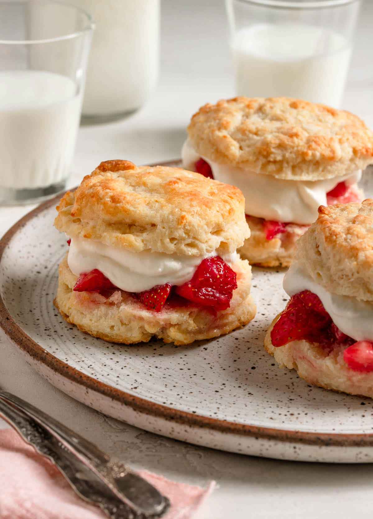 A speckled plate with three assembled strawberry shortcakes with biscuits, strawberries, and whipped cream.