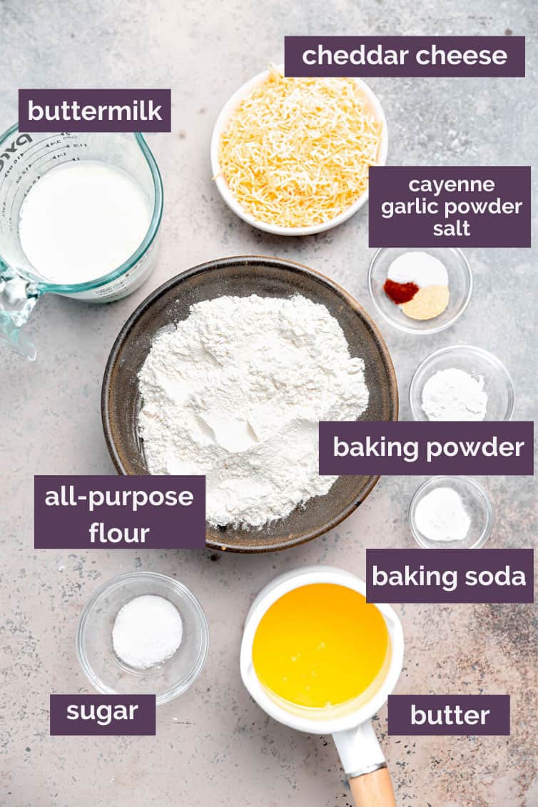 Ingredients for cheddar bay biscuits prepped and labeled.