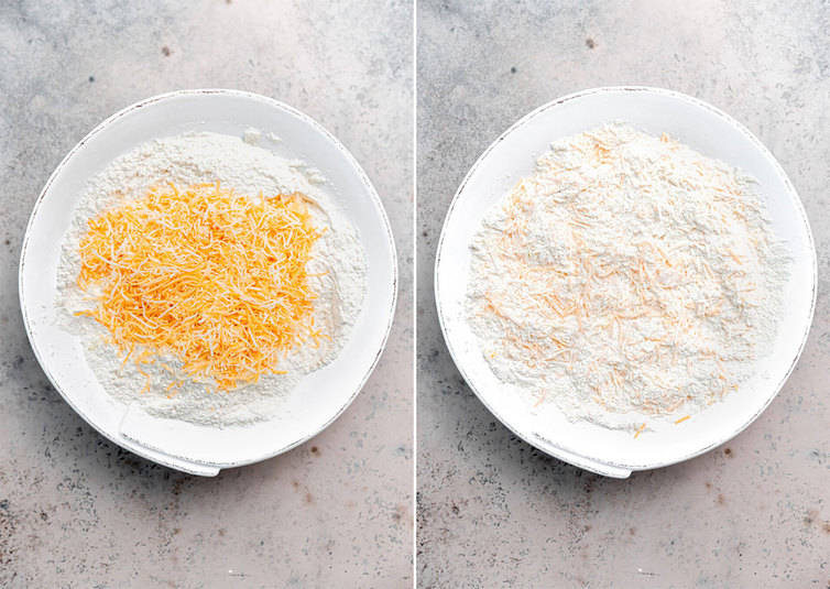 Dry ingredients mixed together for cheddar bay biscuits.