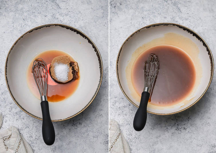 Wet ingredients whisked together in a mixing bowl.