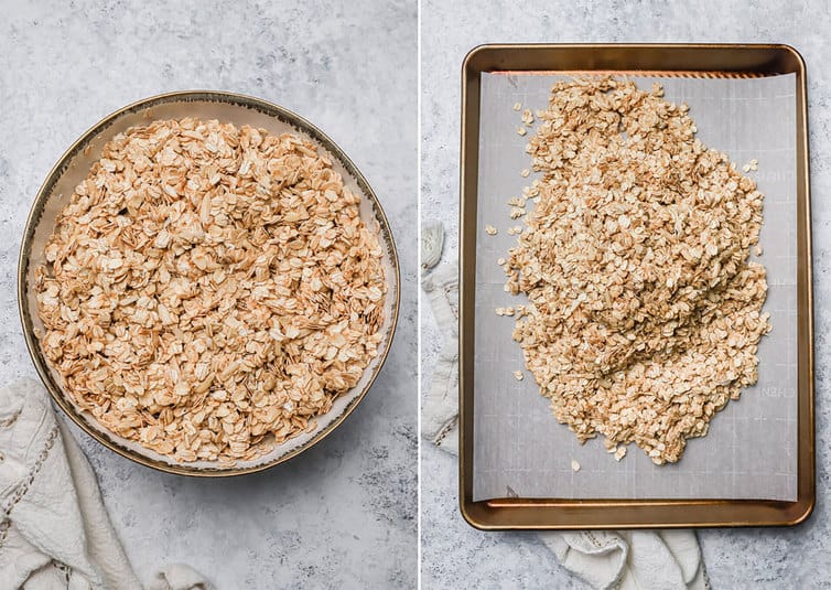 Granola mixed together and on a baking sheet.
