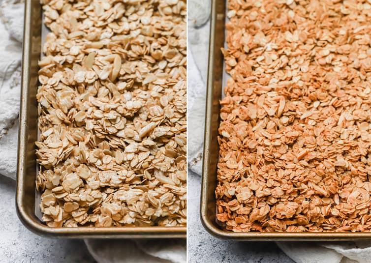 Granola on a baking sheet, before and after baking.
