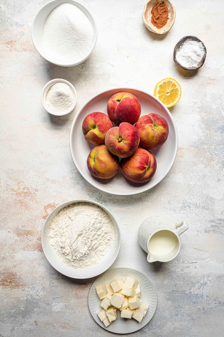 Ingredients prepped for peach cobbler.