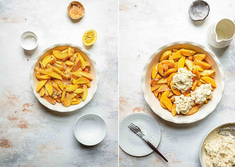 Peaches in a pie plate and topped with biscuit dough.
