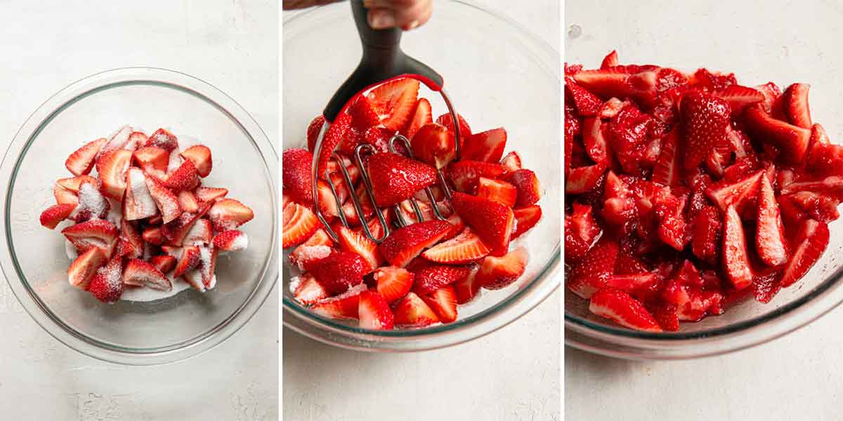 Series of photos showing how to macerate strawberries - quartered strawberries in a glass bowl being mashed.