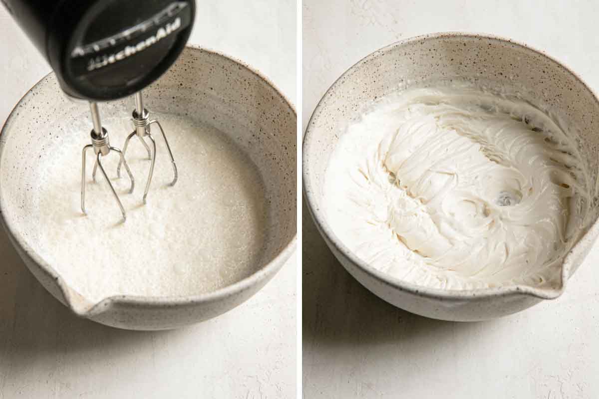 Homemade whipped cream being made in a speckled bowl with a handheld electric mixer.