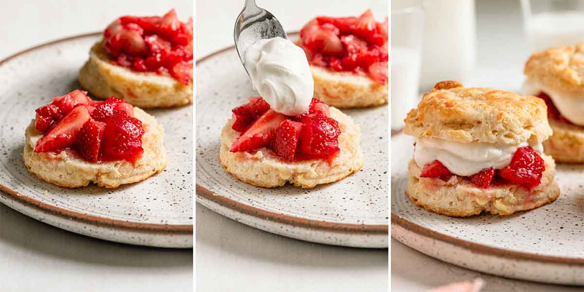 Series of three photos showing how to assemble strawberry shortcake.