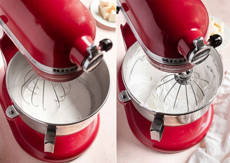 Meringue being whipped in a red stand mixer.