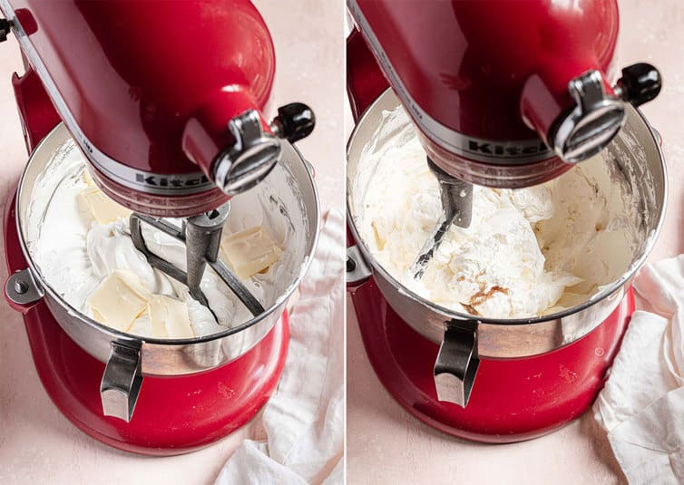 Beating butter into the meringue mixture for Swiss meringue buttercream.