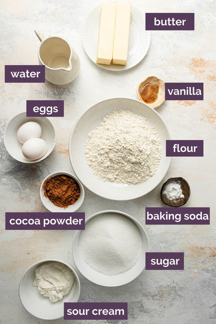 Ingredients for Texas sheet cake prepped in bowls on counter.
