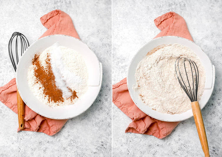 Whisking together dry ingredients in a bowl for zucchini bread.