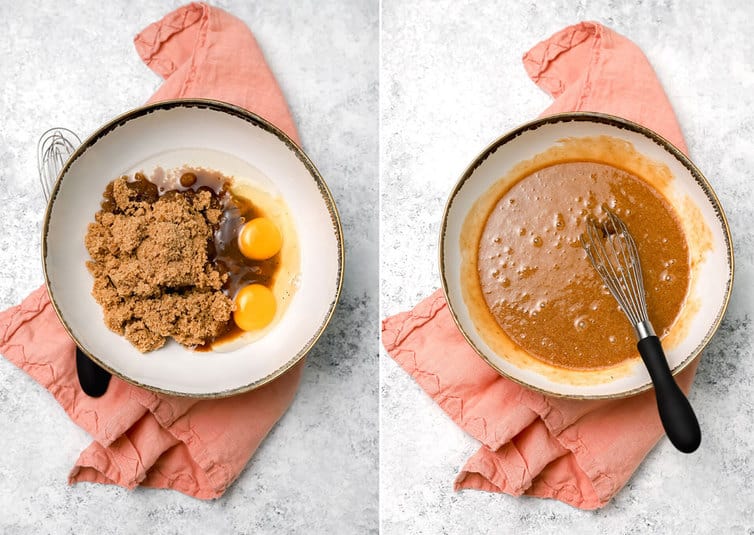Whisking together wet ingredients for zucchini bread in bowl.