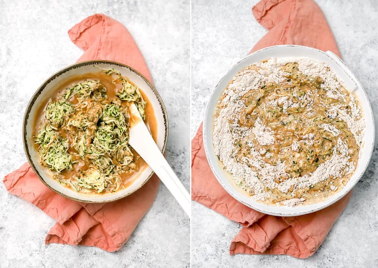Mixing dry and wet ingredients together in bowl.