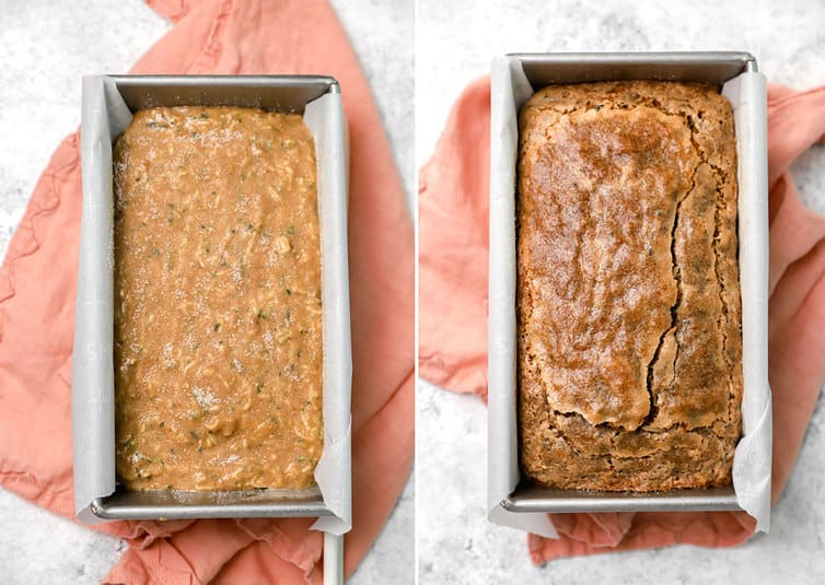 Zucchini bread batter in loaf pan, then photo of fully baked bread.