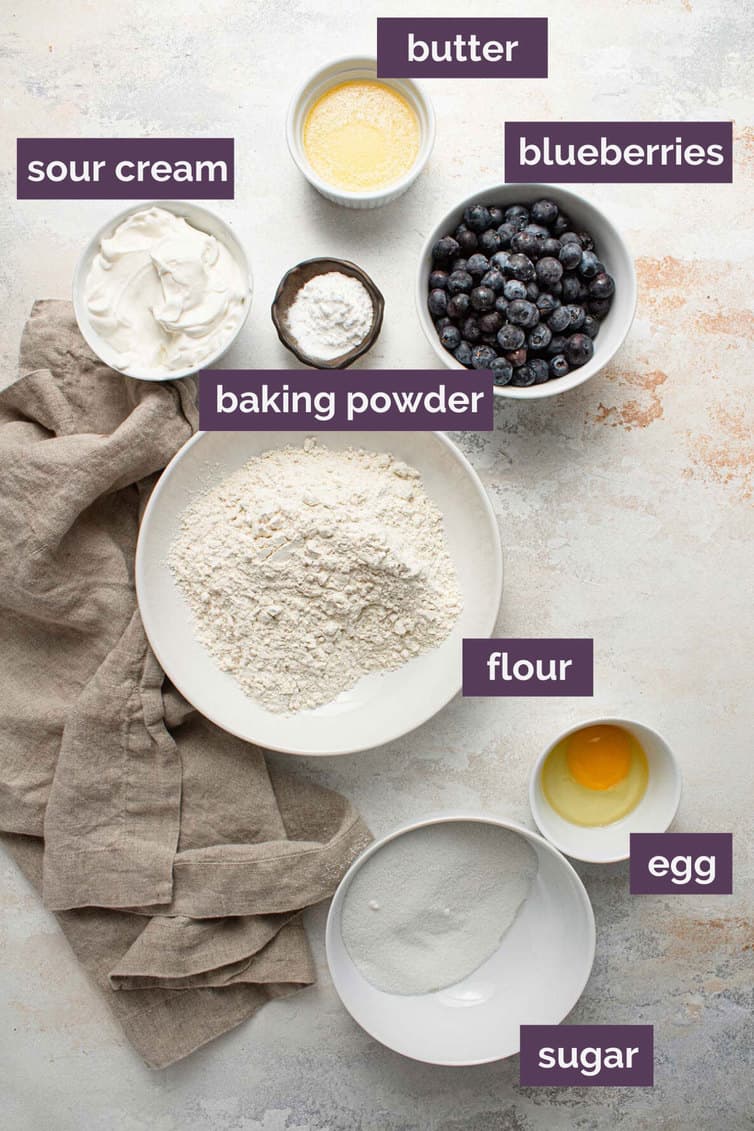 Ingredients for blueberry muffins prepped and labeled.