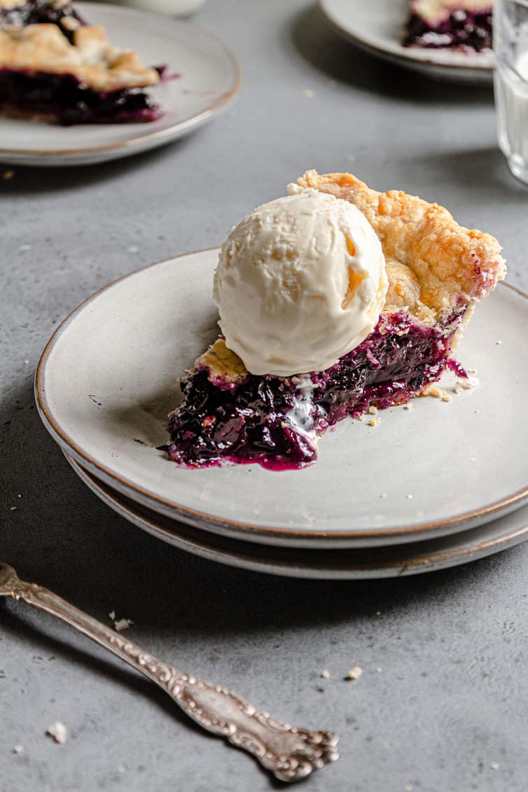 Slice of blueberry pie with scoop of vanilla ice cream on top.