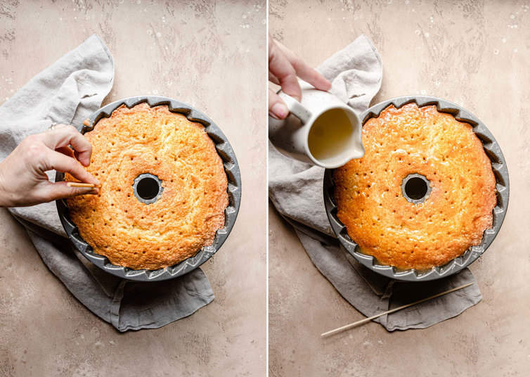 Skewer poking holes in cake and glaze drizzled on top.