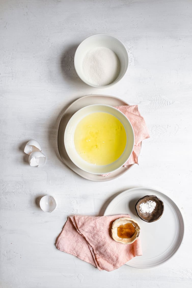 Ingredients for meringue prepped in bowls.