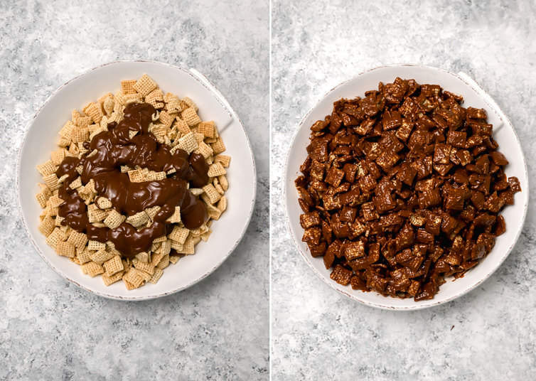 Rice Chex cereal coated with melted chocolate and peanut butter.