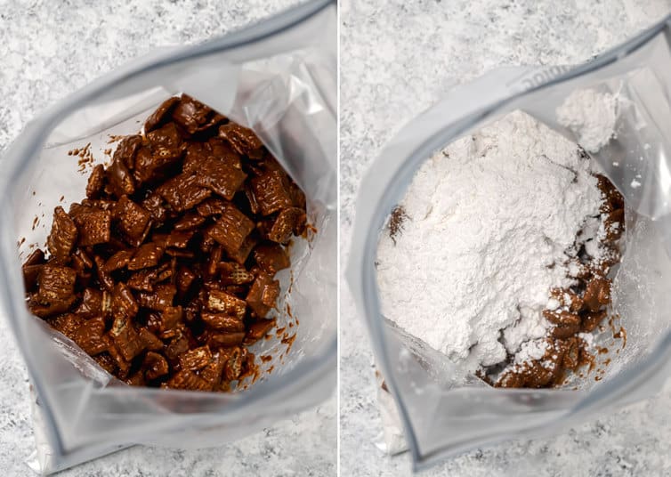 Coating muddy buddies with powdered sugar in a ziploc bag.
