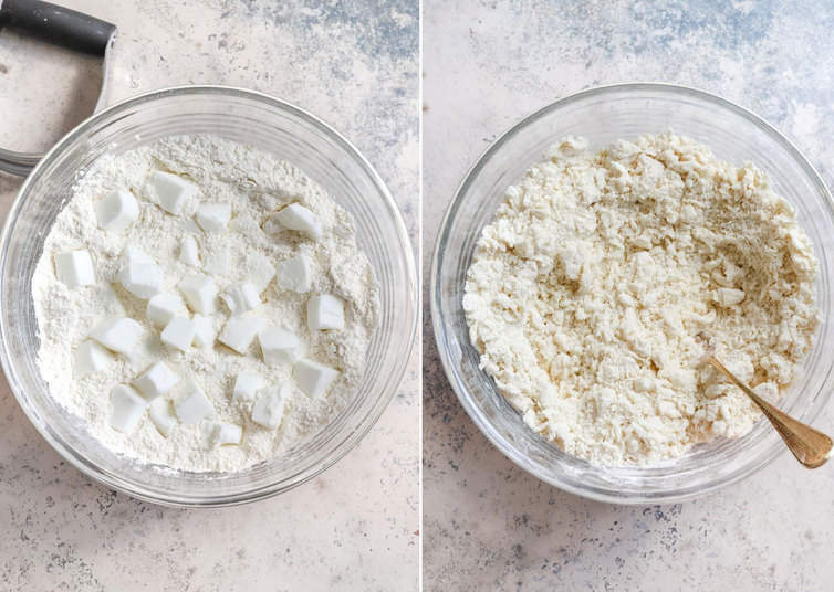 Pastry dough mixed together in a glass bowl.