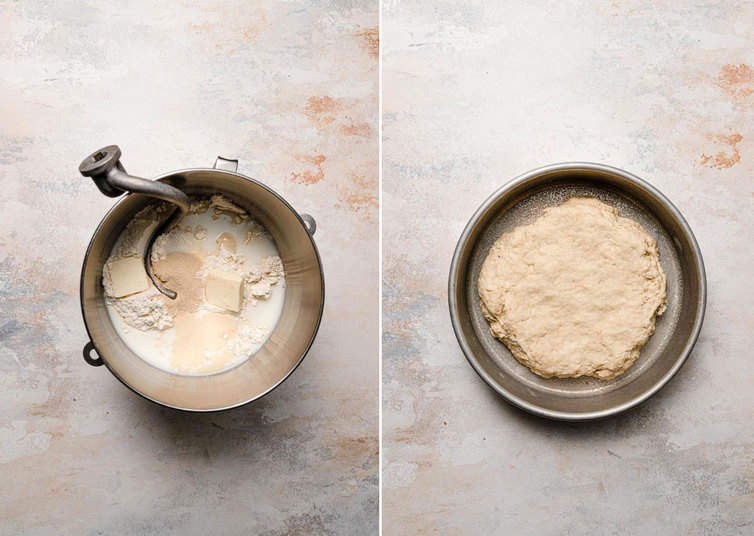 Croissant dough in mixing bowl and then on a plate.