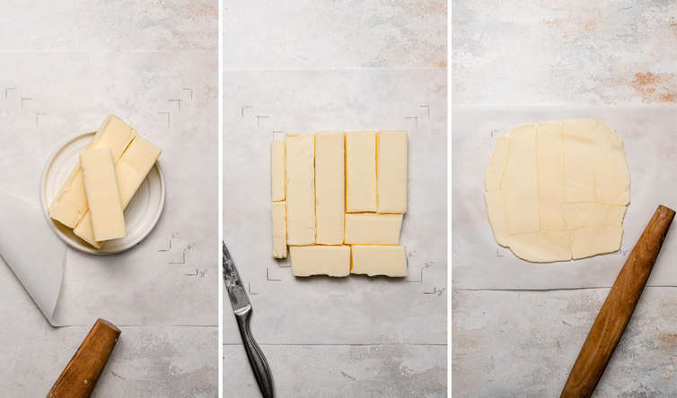 Step-by-step photos for pounding a butter block.