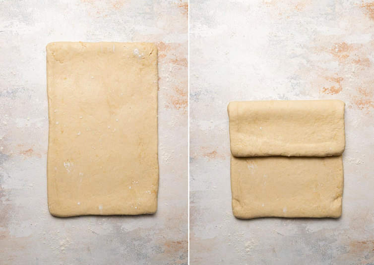 Rolling and folding croissant dough.