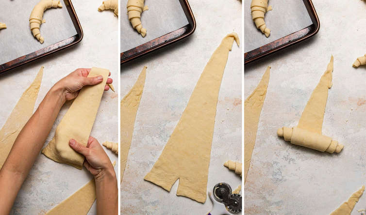 Rolling up and shaping croissants.