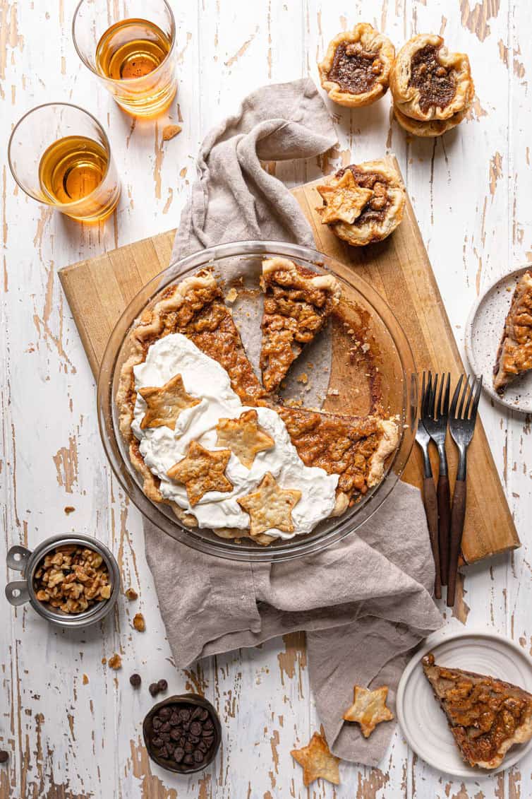 Overhead photo of fderby pie with multiple pieces sliced.