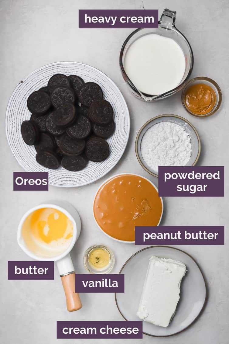 Ingredients for peanut butter pie prepped in bowls on a counter.