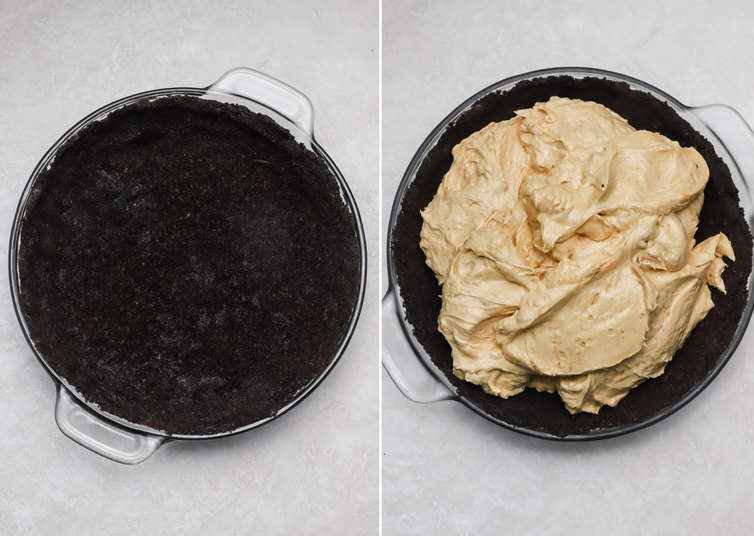 Putting peanut butter filling into Oreo crust.