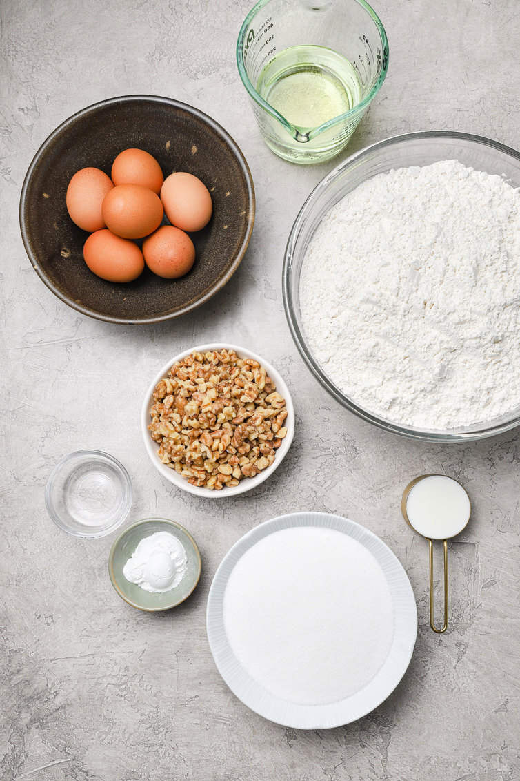 Ingredients for biscotti prepped in bowls.