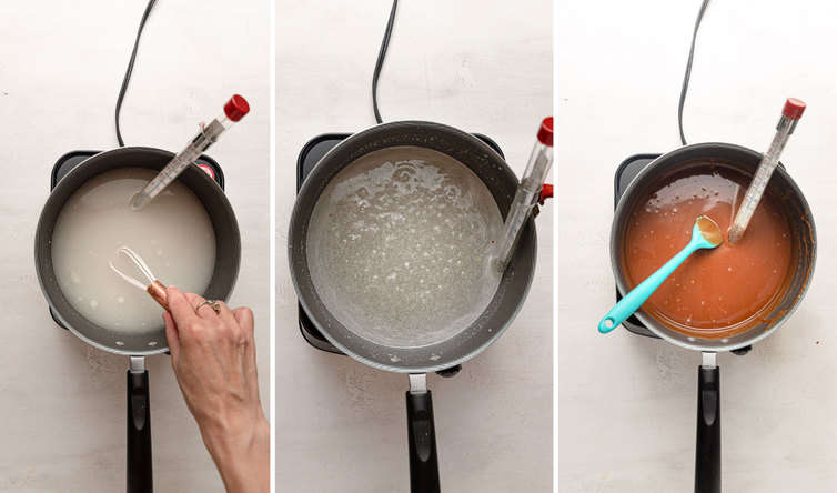 Overhead photos showing three steps to making caramel.