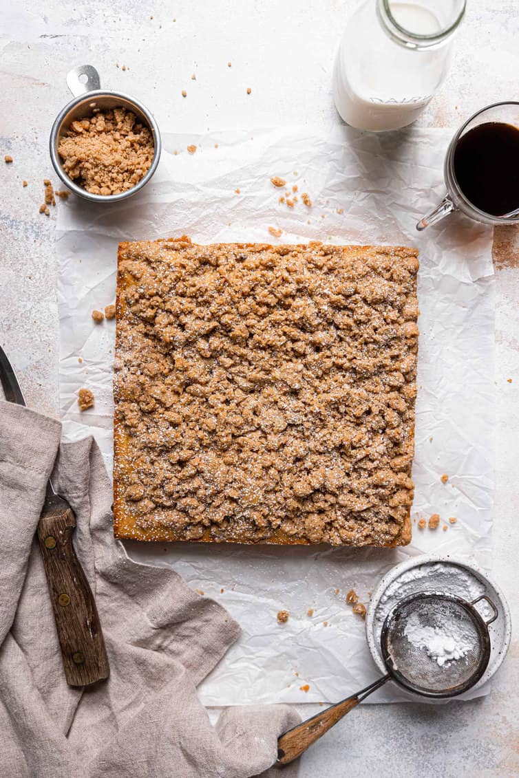 An overhead photo of square crumb cake out of the pan.