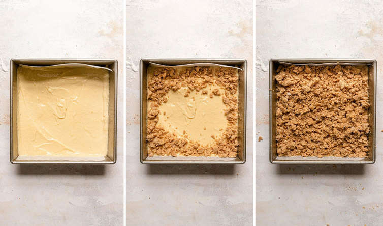 Crumb cake batter in cake pan covered with crumb topping.