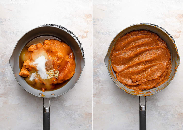 Cooking down pumpkin mixture in saucepan.