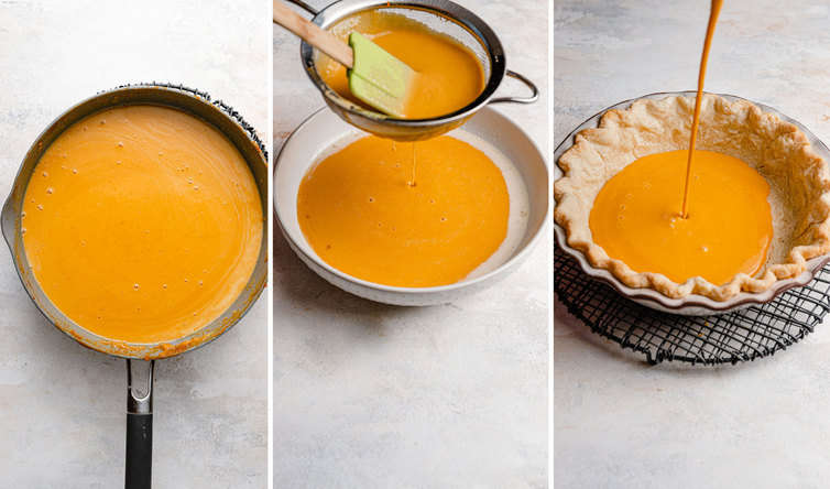 Three photo collage of straining custard mixture and pouring into pie crust.