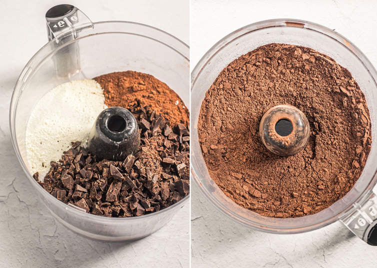 Ingredients for hot chocolate mix in food processor.