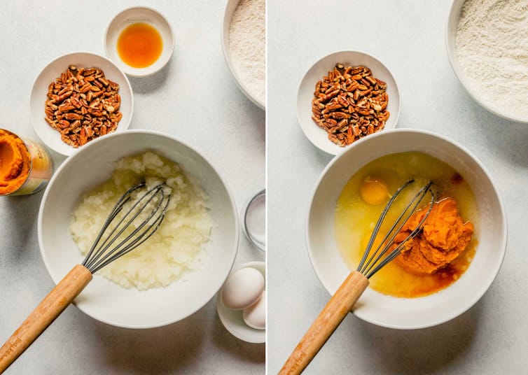 Stirring together the wet ingredients for pumpkin bread.