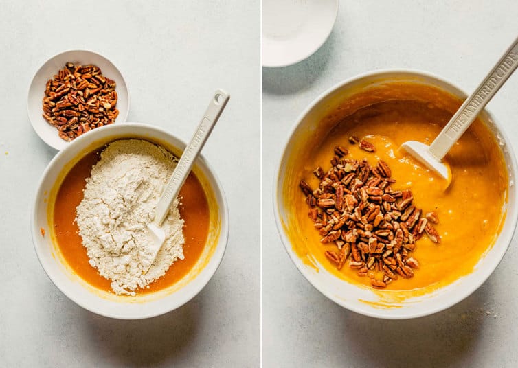 Dry ingredients and pecans being mixed into pumpkin bread batter.