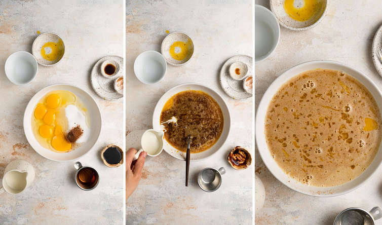 Mixing custard ingredients for sweet potato pie.