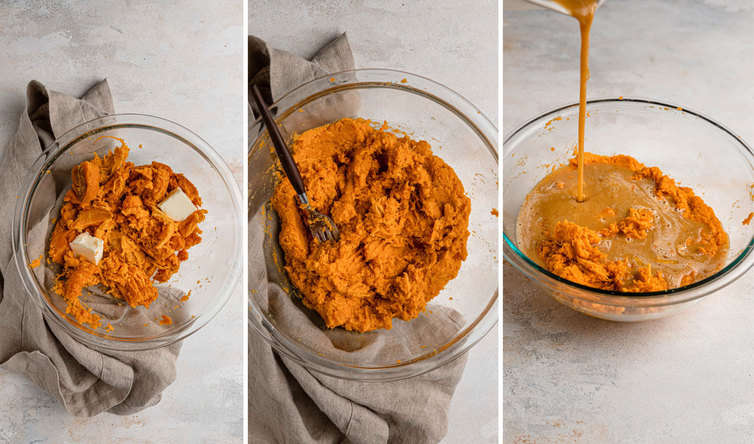 Mashing and mixing the sweet potatoes for pie filling.