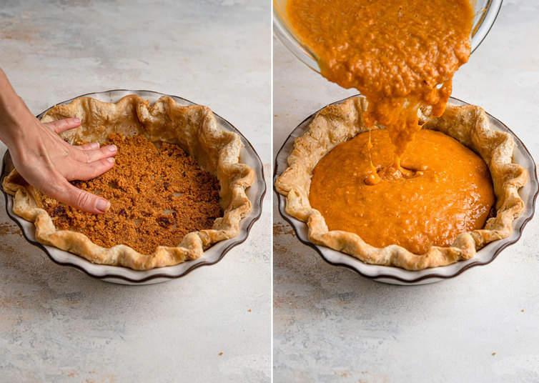 Filling a pie shell with sweet potato pie filling.
